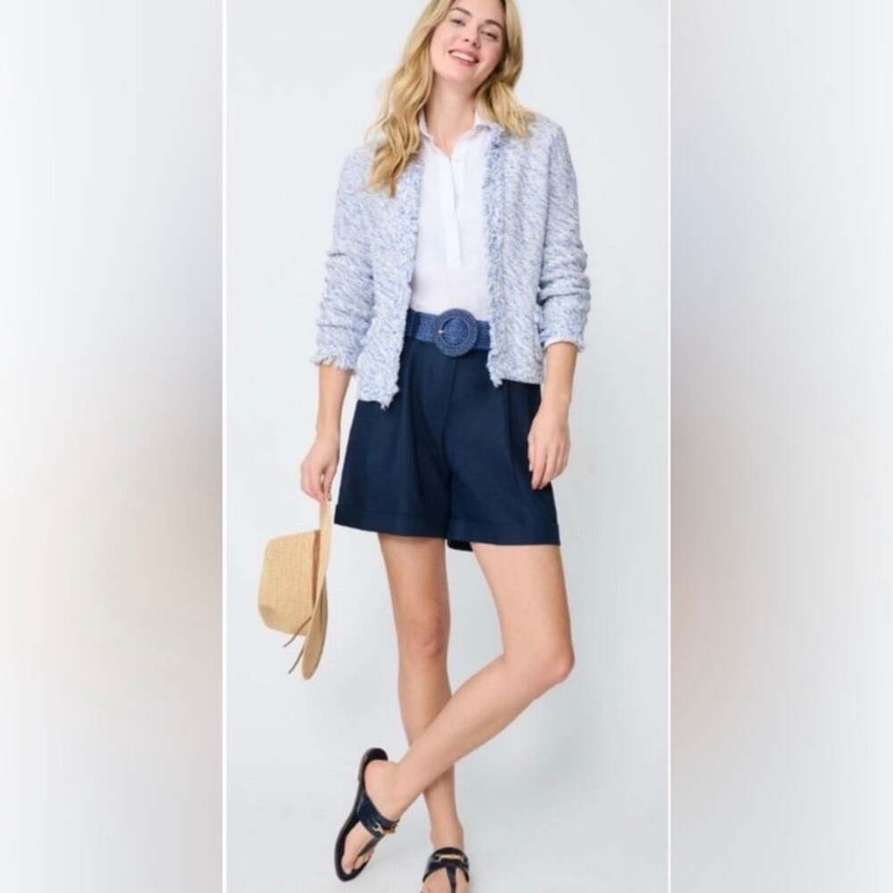 J.McLaughlin Blue&White Marled Cotton Fringe Simone Cardigan Sweater Sz.XS